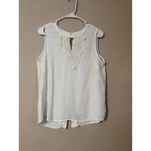 White Sleeveless Crochet Lace Trim Keyhole Split Back Rayon Top RPPS15302RY3